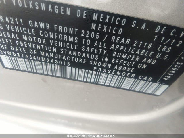2013 VOLKSWAGEN JETTA SEDAN SE W/CONVENIENCE VIN: 3VWDX7AJ4DM243016
