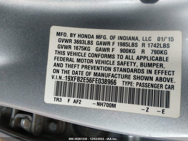 2015 HONDA CIVIC SEDAN LX VIN: 19XFB2E56FE038966