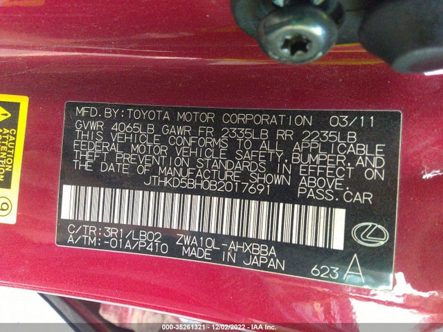 Lexus CT 200H 2011 JTHKD5BH0B2017691 Image 10