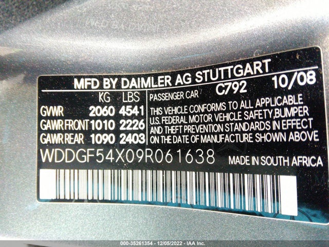 2009 MERCEDES-BENZ C-CLASS 3.0L VIN: WDDGF54X09R061638