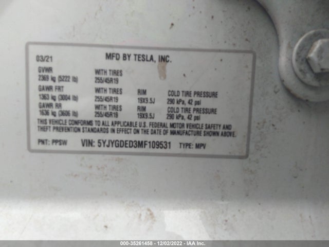 Tesla Model Y Standard Range 2021 5YJYGDED3MF109531 Image 10
