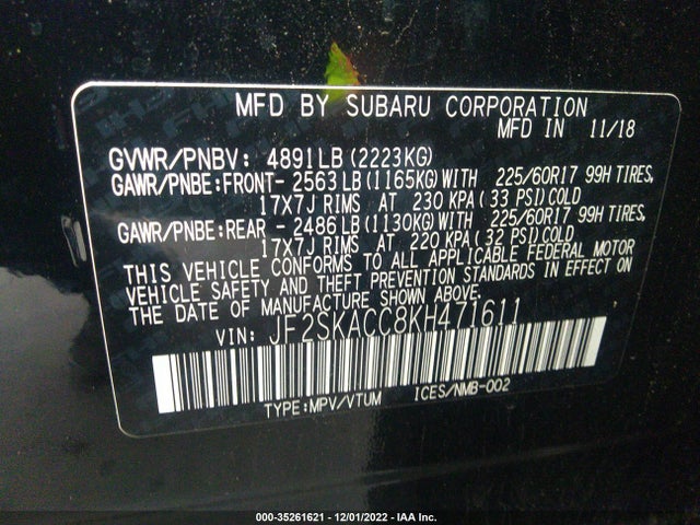 2019 Subaru Forester, VIN: JF2SKACC8KH471611