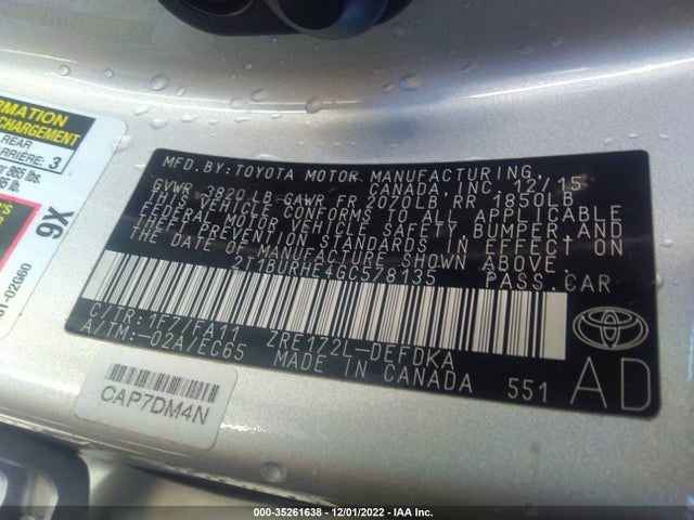 2016 TOYOTA COROLLA L/LE/S/S PLUS/LE PLUS VIN: 2T1BURHE4GC578135