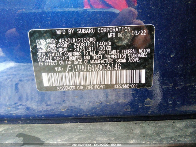 2022 Subaru WRX, VIN: JF1VBAF64N9005146