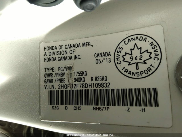 2013 HONDA CIVIC SDN TOURING VIN: 2HGFB2F78DH109832