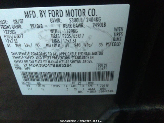 2007 FORD EDGE SE VIN: 2FMDK36C47BB63284
