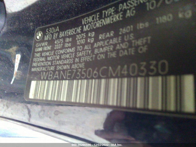 2006 BMW 5 SERIES 530I VIN: WBANE73506CM40330