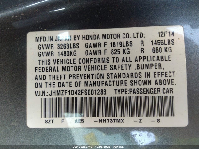 2015 HONDA CR-Z VIN: JHMZF1D42FS001283