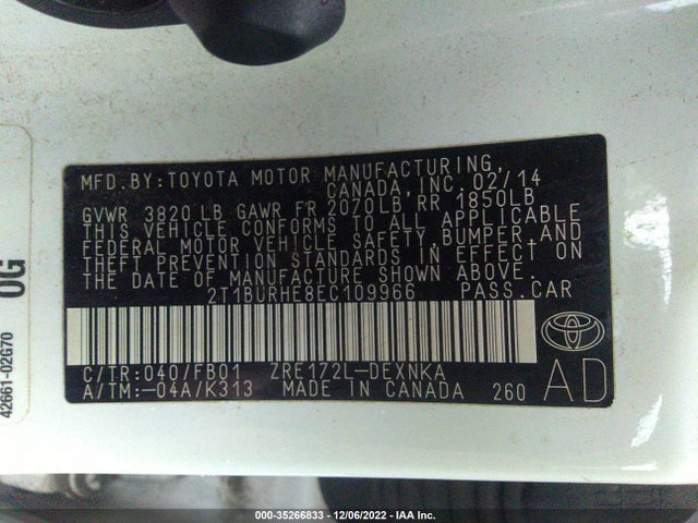 2014 TOYOTA COROLLA L/LE/S/S PLUS/LE PLUS VIN: 2T1BURHE8EC109966
