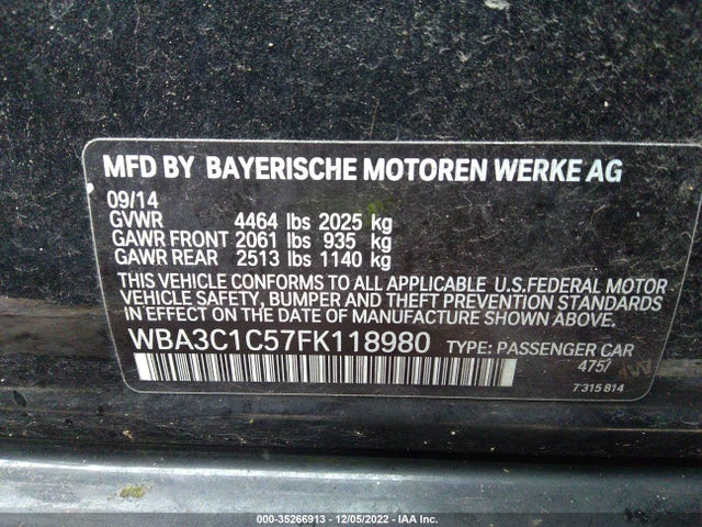 2015 BMW 3 Series, VIN: WBA3C1C57FK118980