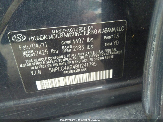 2011 HYUNDAI SONATA LTD VIN: 5NPEC4AB4BH241795