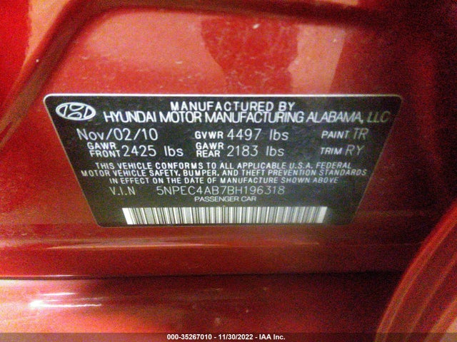 2011 HYUNDAI SONATA SE VIN: 5NPEC4AB7BH196318