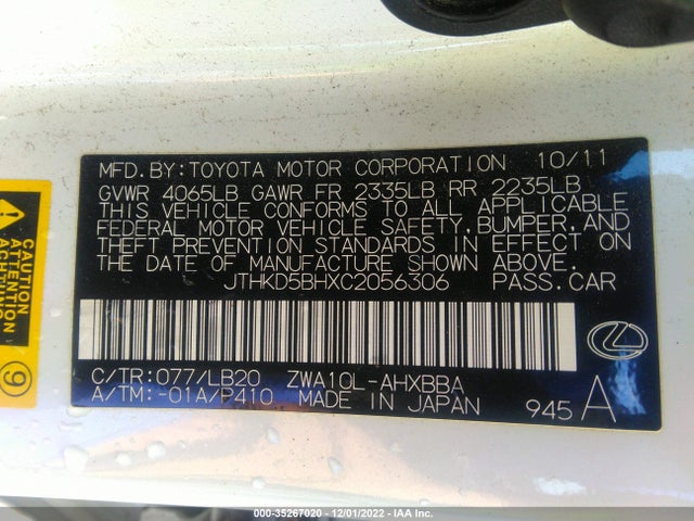 35267020 :رقم المزاد ، JTHKD5BHXC2056306 vin ، 2012 Lexus Ct 200h مزاد بيع
