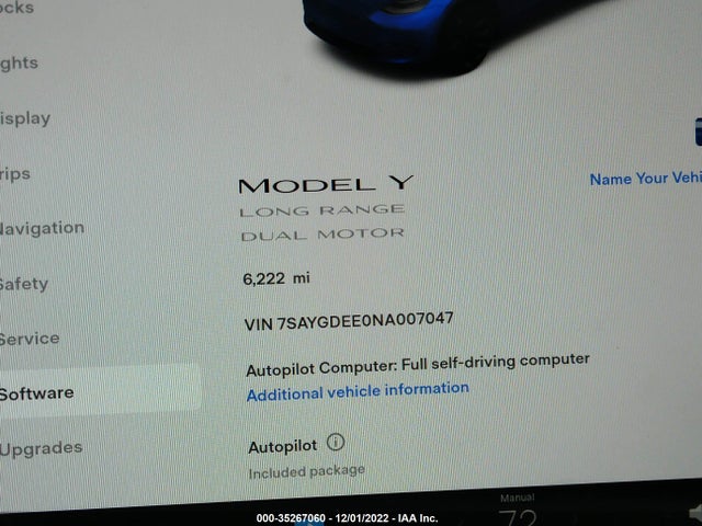 2022 TESLA MODEL Y LONG RANGE VIN: 7SAYGDEE0NA007047