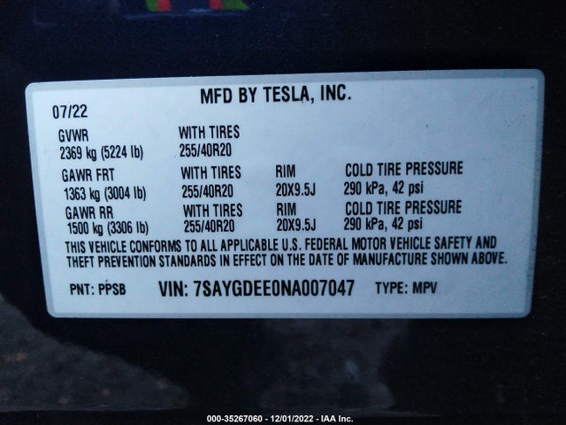 2022 TESLA MODEL Y LONG RANGE VIN: 7SAYGDEE0NA007047