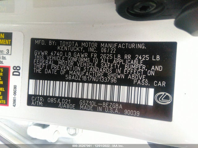 2022 Lexus ES, VIN: 58ADZ1B17NU133796