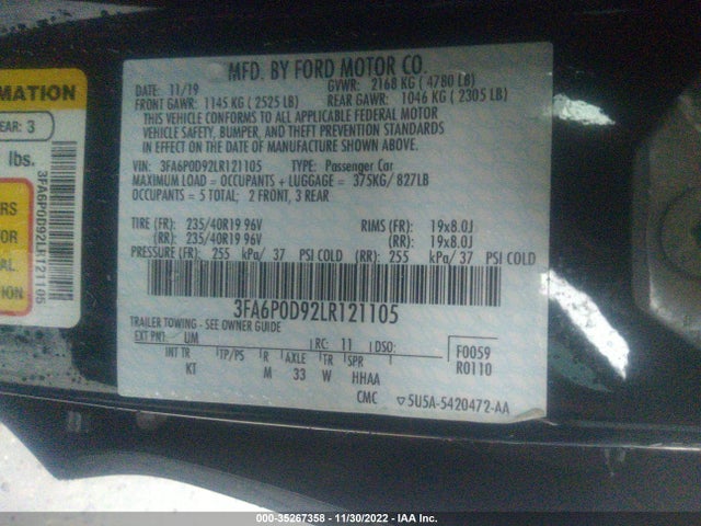 2020 Ford Fusion, VIN: 3FA6P0D92LR121105