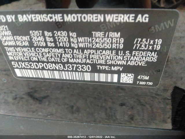 2022 BMW X3, VIN: 5UX53DP08N9J37330