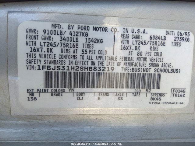 1995 FORD ECONOLINE E350 SUPER DUTY VIN: 1FBJS31H2SHB83219