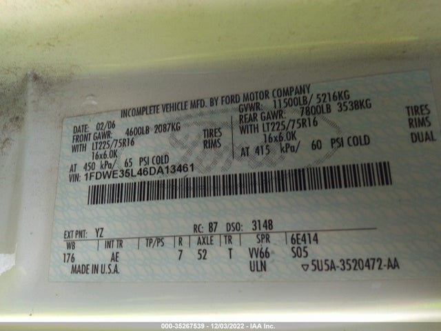 2006 FORD ECONOLINE COMMERCIAL VIN: 1FDWE35L46DA13461