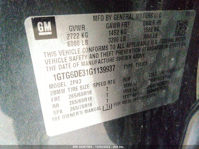 2016 GMC Canyon, VIN: 1GTG6DE31G1139937