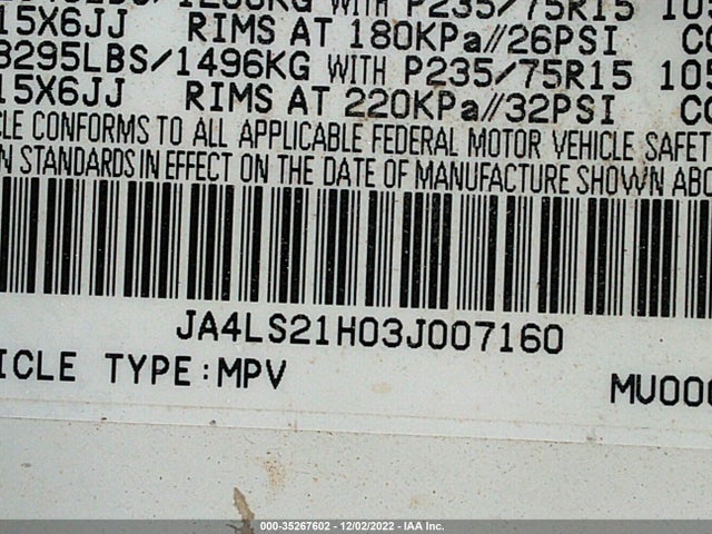 2003 MITSUBISHI MONTERO SPORT ES/LS VIN: JA4LS21H03J007160