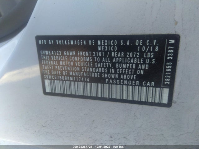 2019 VOLKSWAGEN JETTA S/SE/R-LINE VIN: 3VWC57BU8KM117474