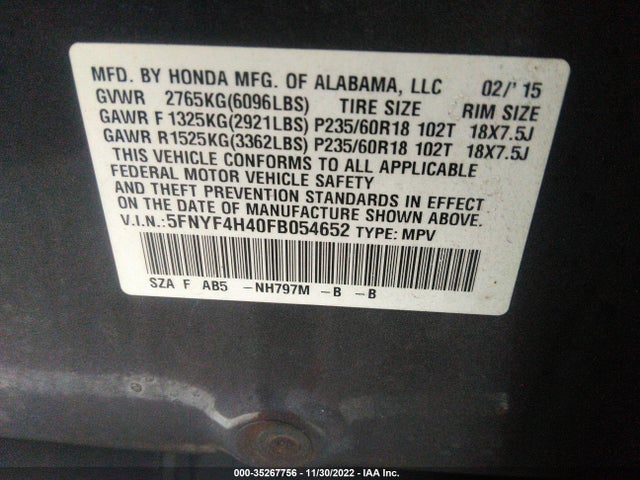 2015 Honda Pilot, VIN: 5FNYF4H40FB054652