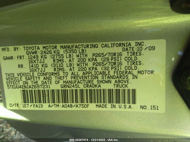 2010 TOYOTA TACOMA VIN: 5TEUU4EN1AZ697231