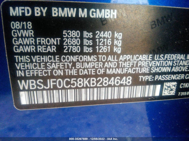 2019 BMW M5, VIN: WBSJF0C58KB284648