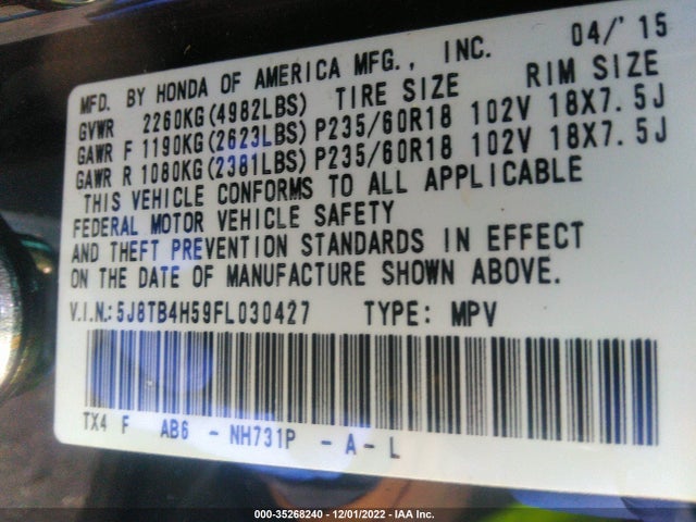 2015 Acura RDX, VIN: 5J8TB4H59FL030427