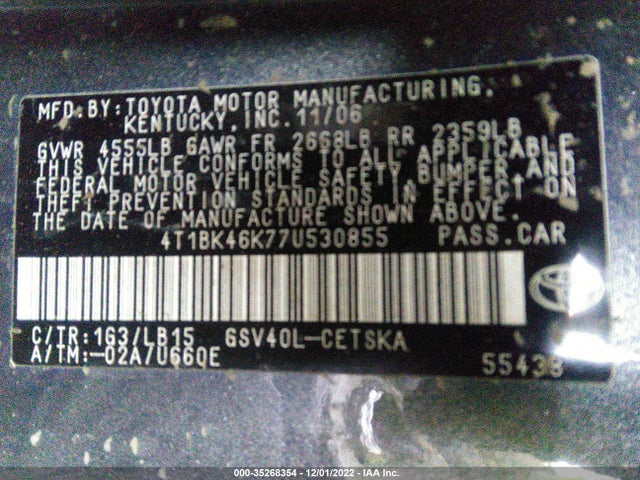 2007 TOYOTA CAMRY LE/SE/XLE VIN: 4T1BK46K77U530855