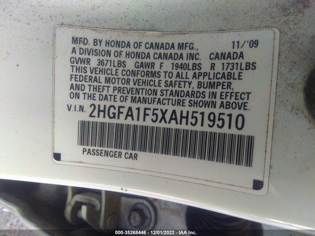 2010 HONDA CIVIC SDN LX VIN: 2HGFA1F5XAH519510
