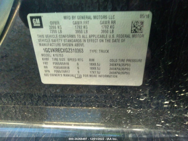 2016 CHEVROLET SILVERADO 1500 LT VIN: 1GCVKRECXGZ310363