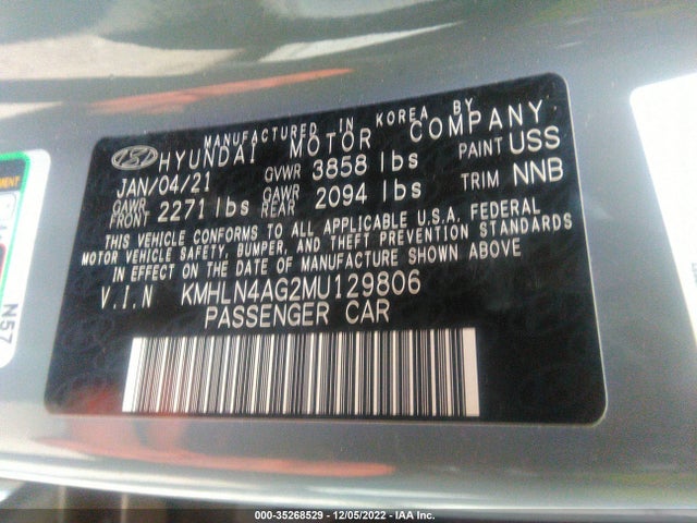 2021 HYUNDAI ELANTRA SEL VIN: KMHLN4AG2MU129806