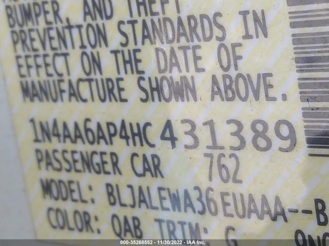 2017 NISSAN MAXIMA SL VIN: 1N4AA6AP4HC431389