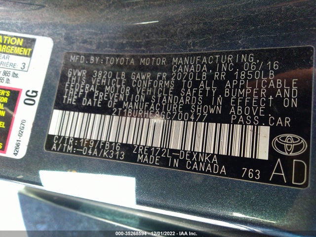 2016 TOYOTA COROLLA L/LE/S/S PLUS/LE PLUS VIN: 2T1BURHE8GC700477