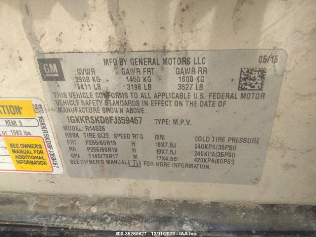 1GKKRSKD8FJ359467 GMC ACADIA SLT