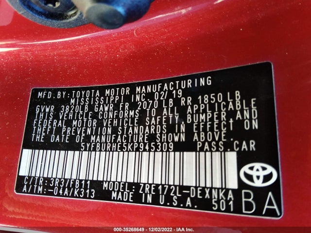 2019 TOYOTA COROLLA L/LE/SE/XLE/XSE VIN: 5YFBURHE5KP945309
