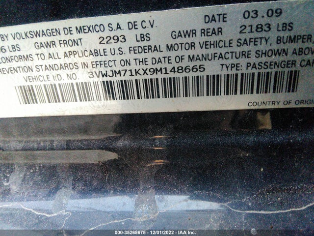 2009 VOLKSWAGEN JETTA SEDAN S VIN: 3VWJM71KX9M148665