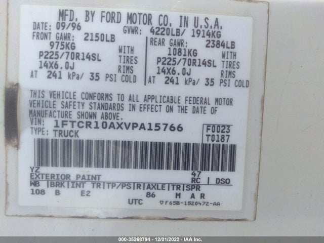 1997 FORD RANGER XLT/SPLASH VIN: 1FTCR10AXVPA15766