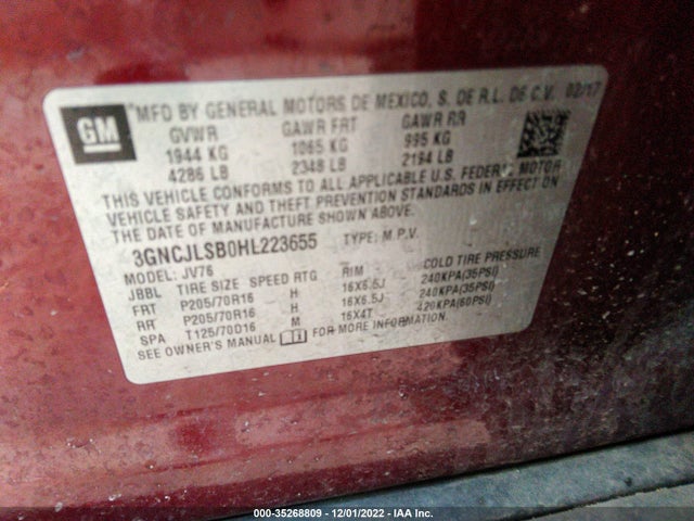 2017 Chevrolet Trax, VIN: 3GNCJLSB0HL223655