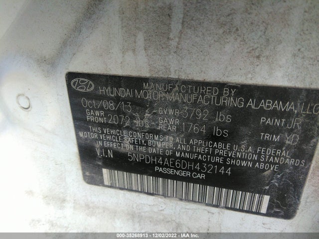 2013 HYUNDAI ELANTRA GLS PZEV VIN: 5NPDH4AE6DH432144