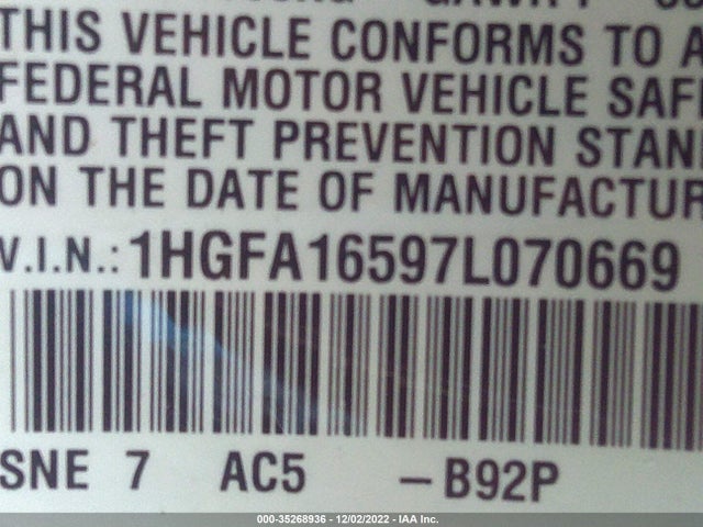 2007 HONDA CIVIC SDN LX VIN: 1HGFA16597L070669