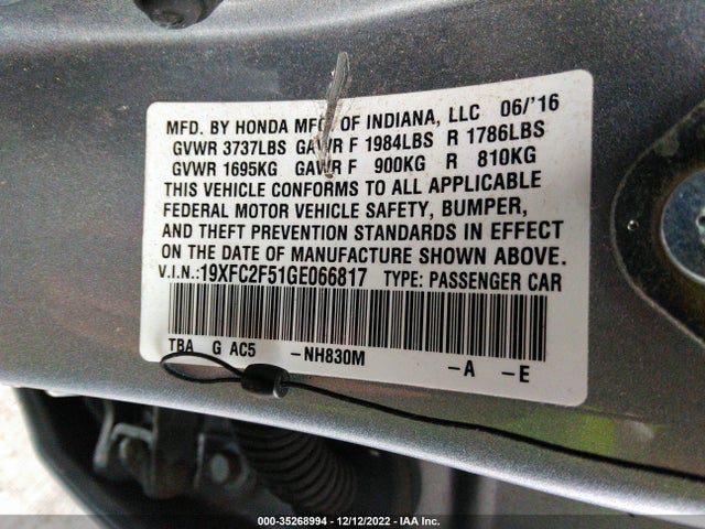 2016 HONDA CIVIC SEDAN LX VIN: 19XFC2F51GE066817