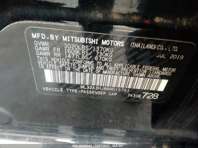 ML32A3HJ8KH015793 Mitsubishi Mirage Es/rf