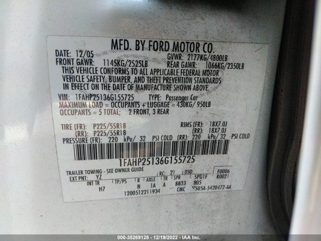 2006 FORD FIVE HUNDRED LIMITED VIN: 1FAHP25136G155725