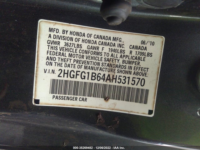 2010 HONDA CIVIC CPE LX VIN: 2HGFG1B64AH531570