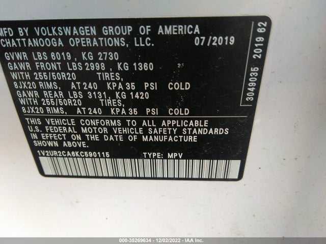 Volkswagen Atlas 2019 1V2UR2CA6KC590115 Image 9