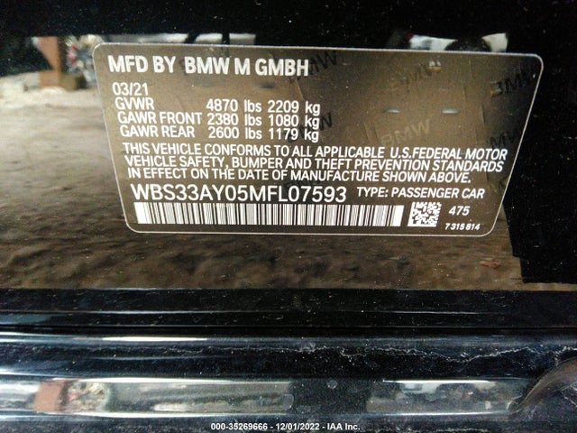 2021 BMW M3, VIN: WBS33AY05MFL07593